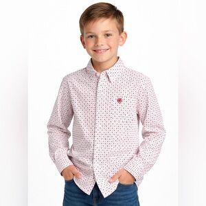 Ariat Boy’s Long Sleeve Button Down Red Longhorn/Bull Print Shirt New-Sz.Sm(8)